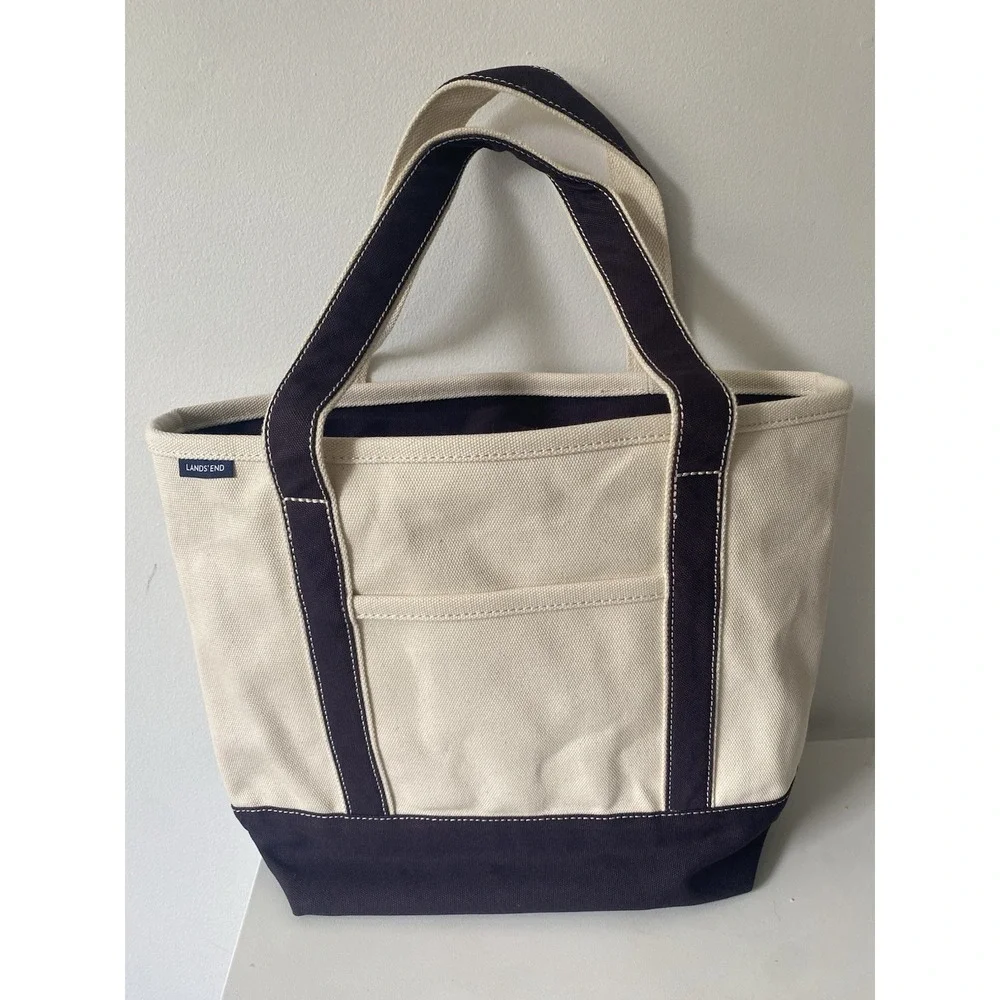 Lands End Navy Blue 5 Pocket Zip Top Medium Canvas Tote Bag NWOT Coastal Casual